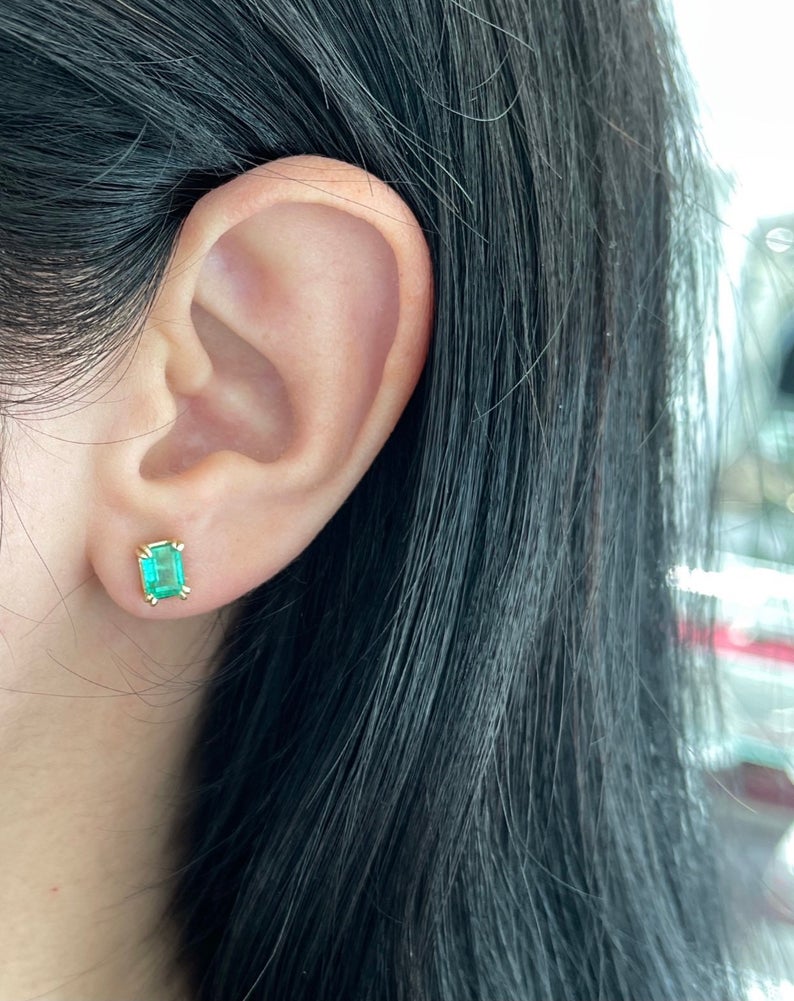 14K Medium Green Colombian Emerald Double Prong Stud Earrings