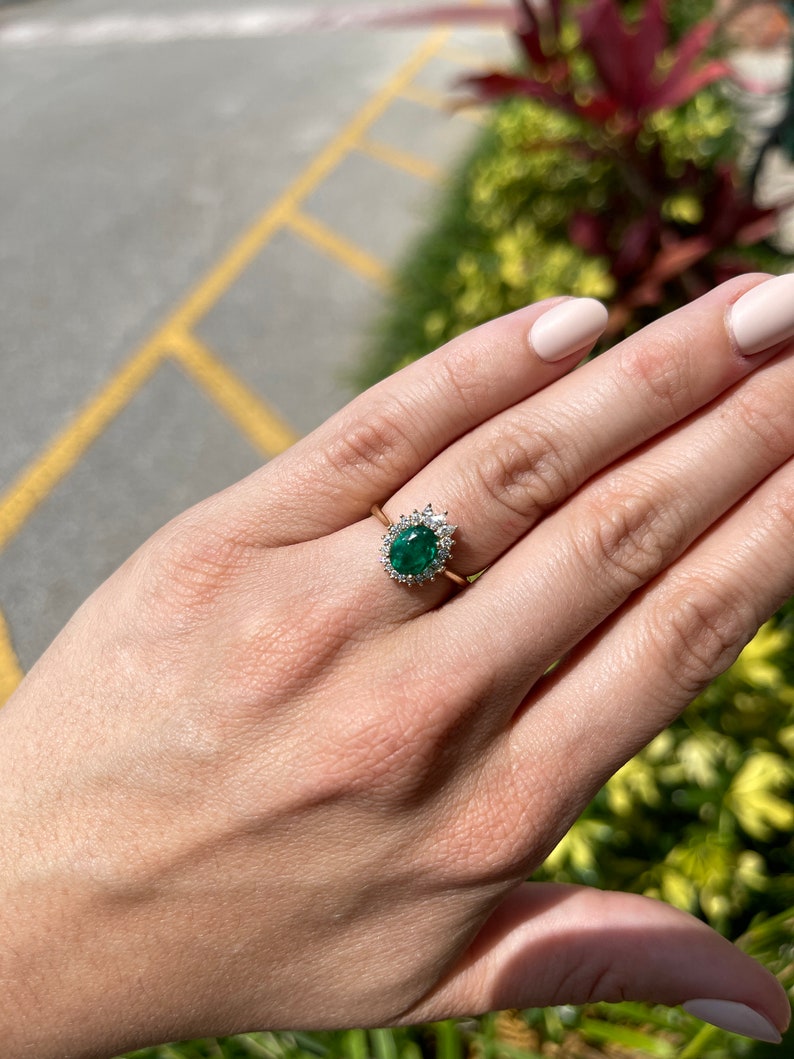 14K Colombian Emerald & Diamond Halo Tiara Oval Cut Engagement Ring