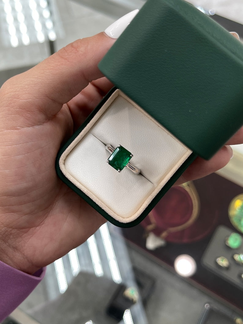 2.65ct Plat Natural Vivid Rare Alpine Dark Green Emerald Cut Solitaire Four Prong Engagement Ring