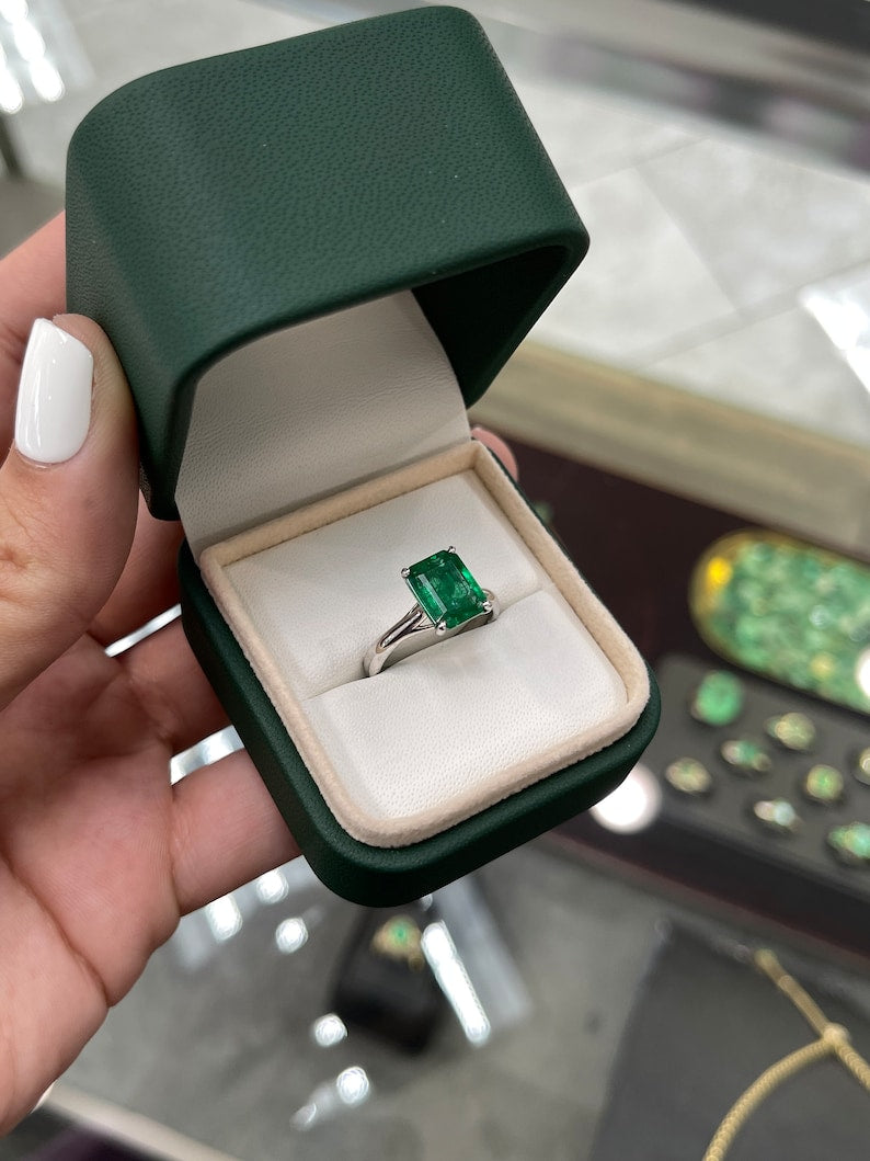 2.65ct Plat Natural Vivid Rare Alpine Dark Green Emerald Cut Solitaire Four Prong Engagement Ring - JR Colombian Emeralds