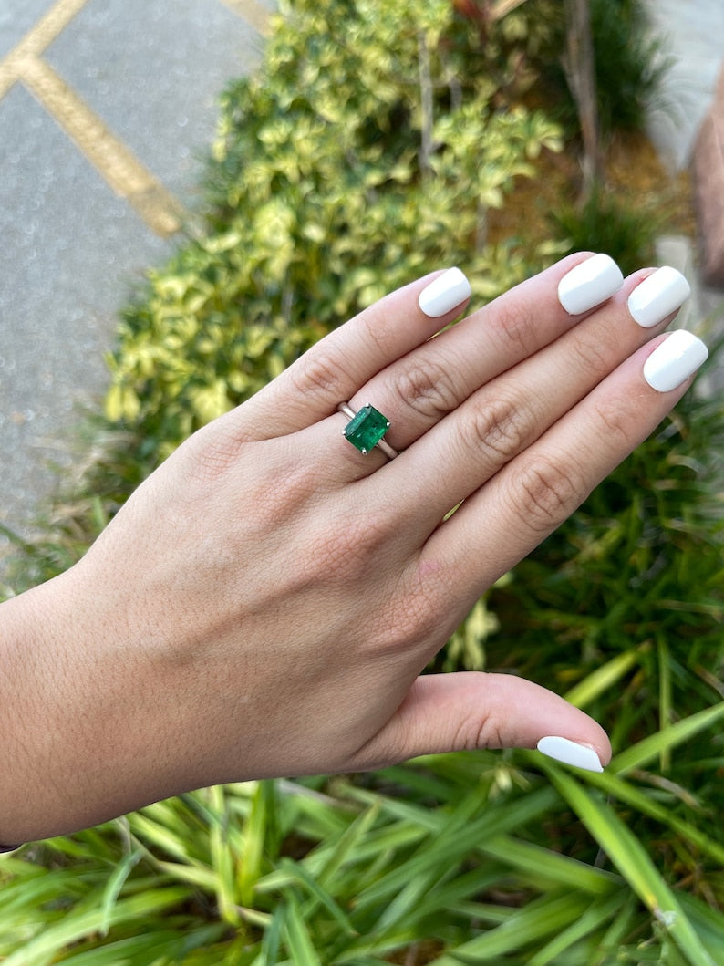 Elegant 2.65 Carat Natural Emerald Cut Solitaire Ring in Alpine Green