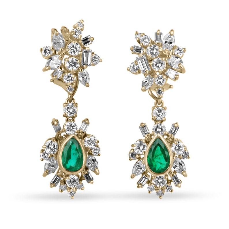 18K Gold Dangle Earrings Featuring 8.0tcw AAA+ Colombian Emeralds and Diamonds