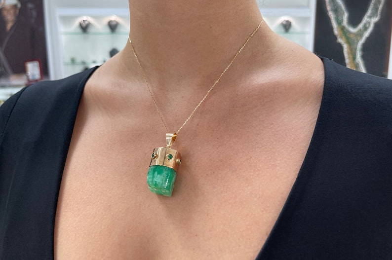 Special Price for Christian 76.40tcw 14K Natural Raw Rough Unique Emerald Medium Green Pendant Necklace