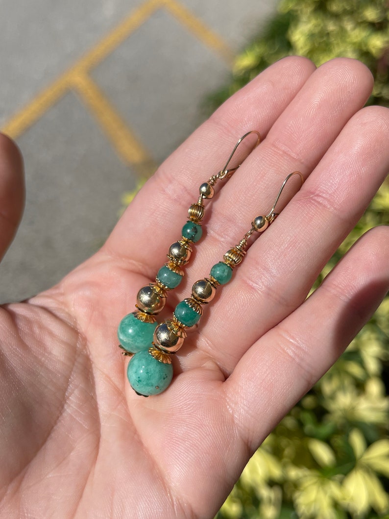 Exquisite Dangle Earrings Featuring Large Natural Emerald Beads in Gold & Silver