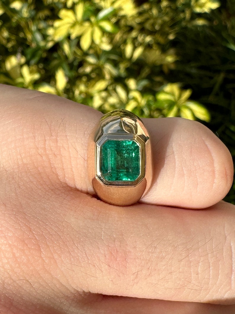 3.29ct 14K Asscher Cut Wide Emerald Solitaire Gypsy Signet Men's Ring