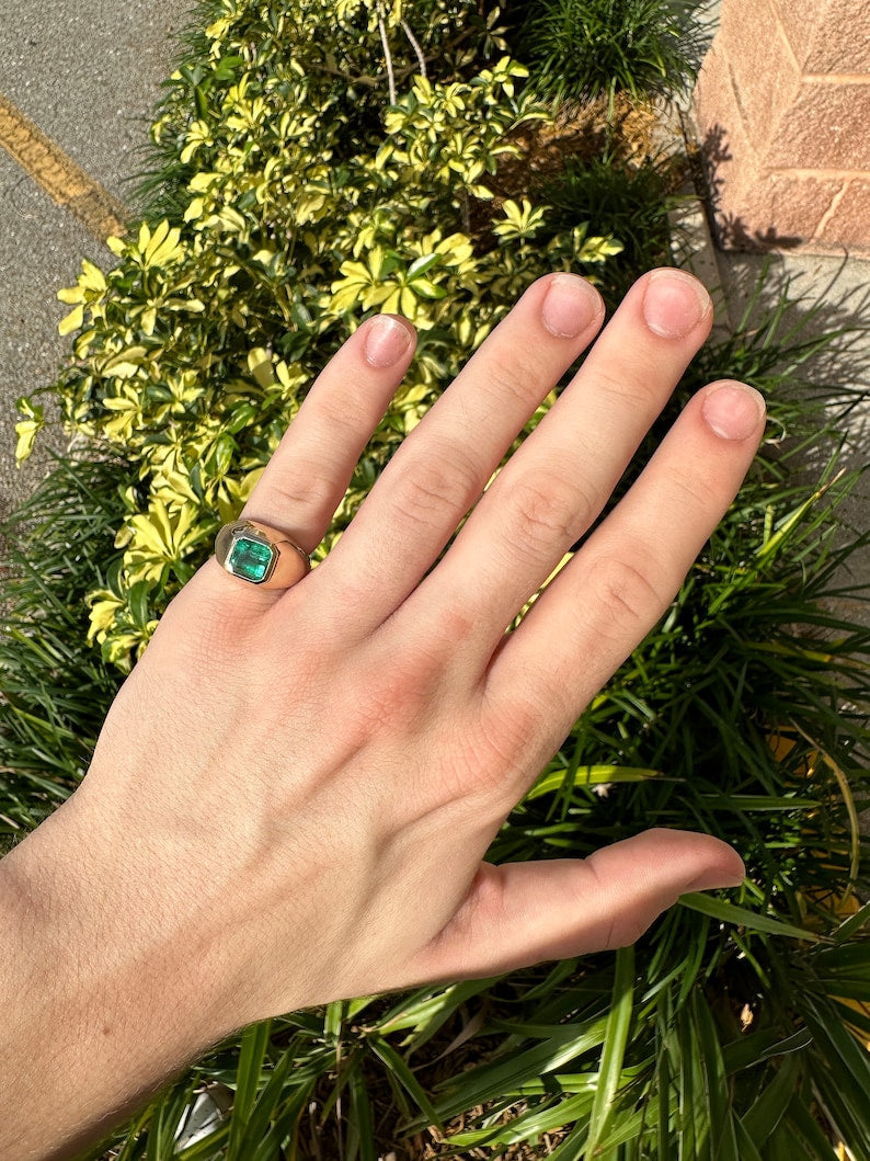 3.29ct 14K Asscher Cut Wide Emerald Solitaire Gypsy Signet Men's Ring
