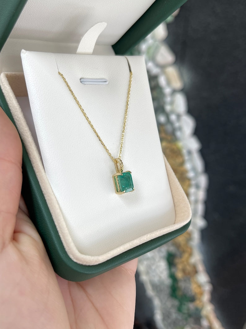 Stunning Bluish Green Emerald Pendant Necklace with Intricate 14K Gold Scroll Design