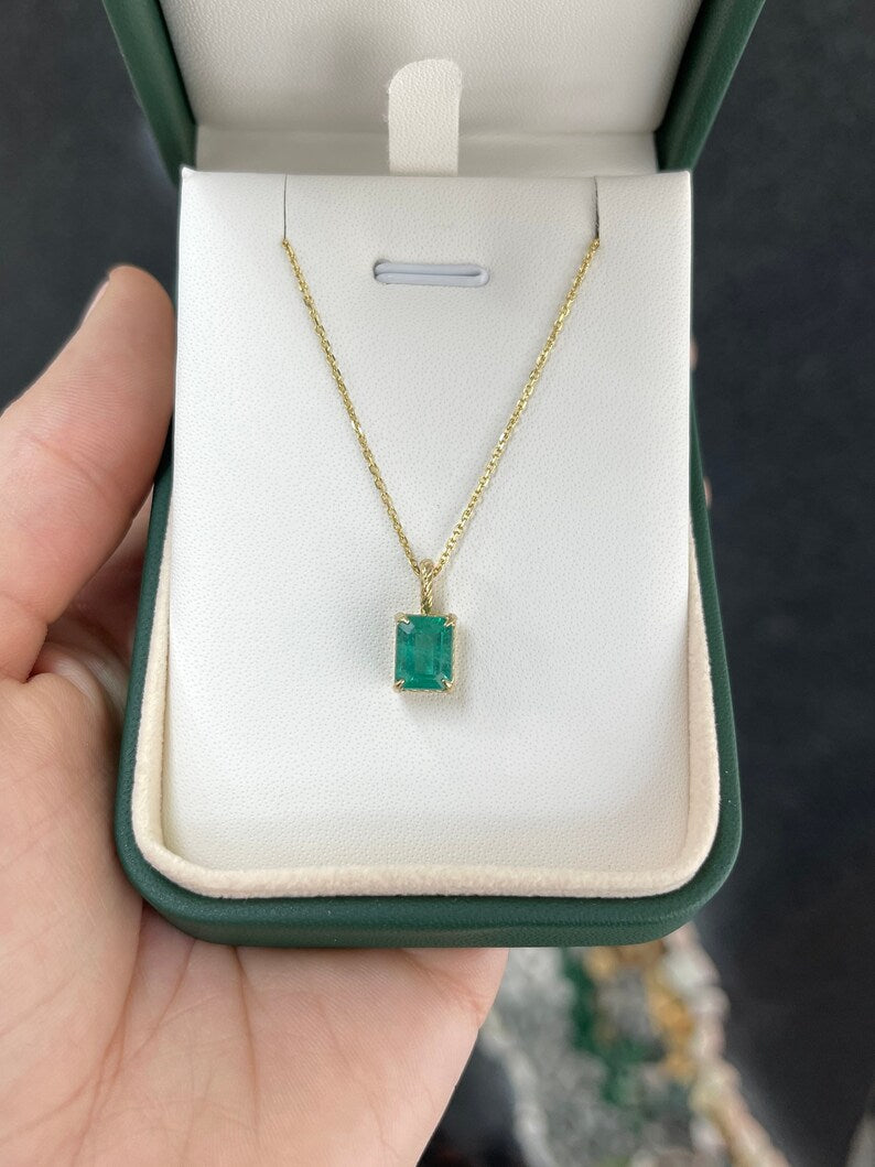 14K Gold Necklace Featuring a 2.40ct Bluish Green Emerald in Four Prong Setting