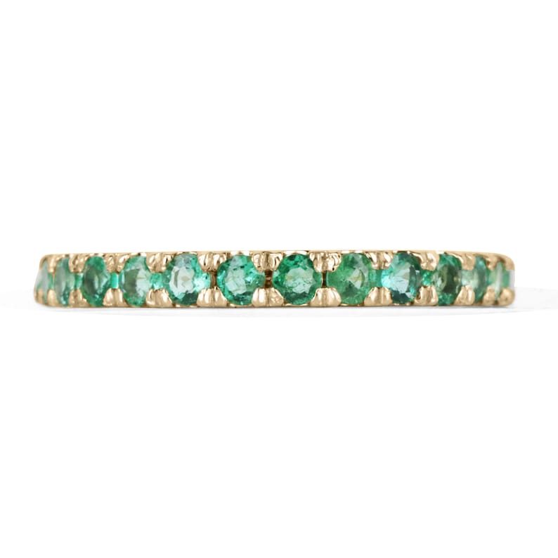 Timeless Elegance: 0.90tcw 14K Gold Medium Dark Green Round Cut Emerald Half Eternity Band Anniversary French Ring