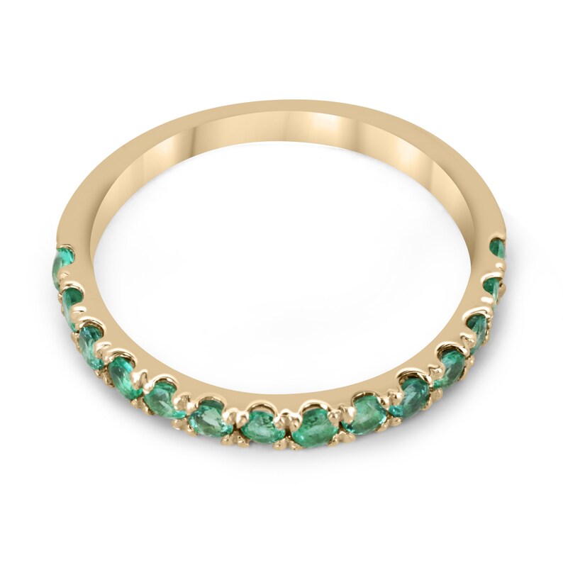 Dazzling Brilliance: 0.90tcw 14K Gold Medium Dark Green Round Cut Emerald Half Eternity Band Anniversary French Ring