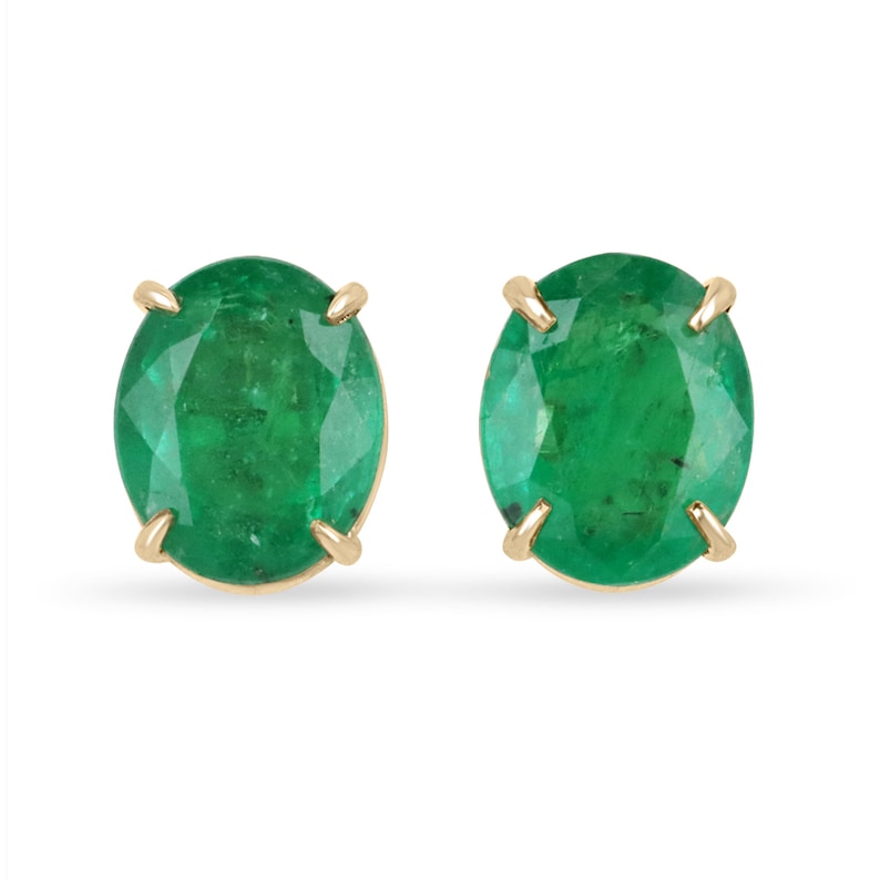 4.85tcw 18K Gold Fine Vivid Dark Green Four Prong Claw Oval Cut Emerald Stud Earrings