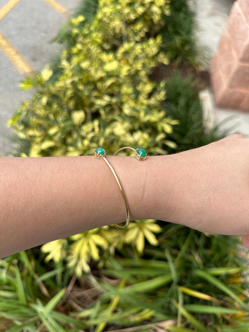 2.65tcw 14K Medium Dark Green Oval Cabochon Cut Emerald Toi Et Moi Cuff Bangle Bracelet - JR Colombian Emeralds