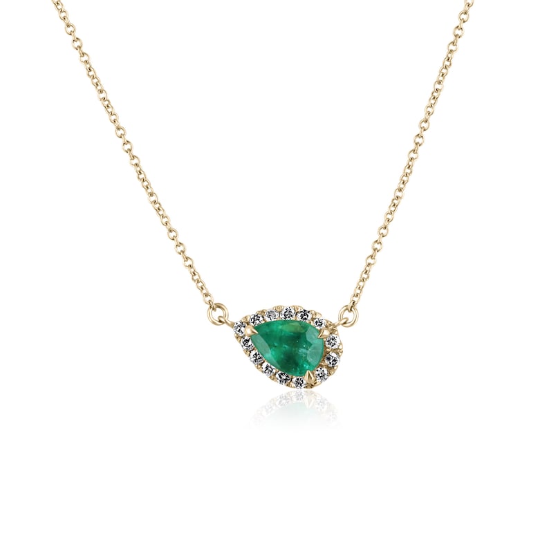 1.10tcw 14K Gold Medium Dark Green Pear Emerald & Diamond Halo Stacking Necklace