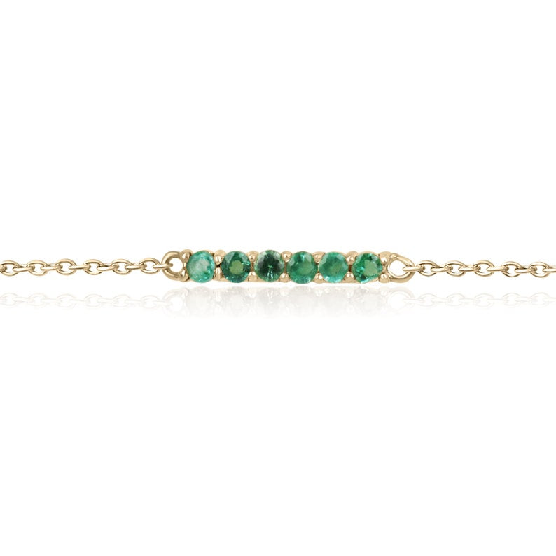 0.25tcw 14K Natural Vivid Medium Green Round Emerald Bar Prong Set Gold Bracelet