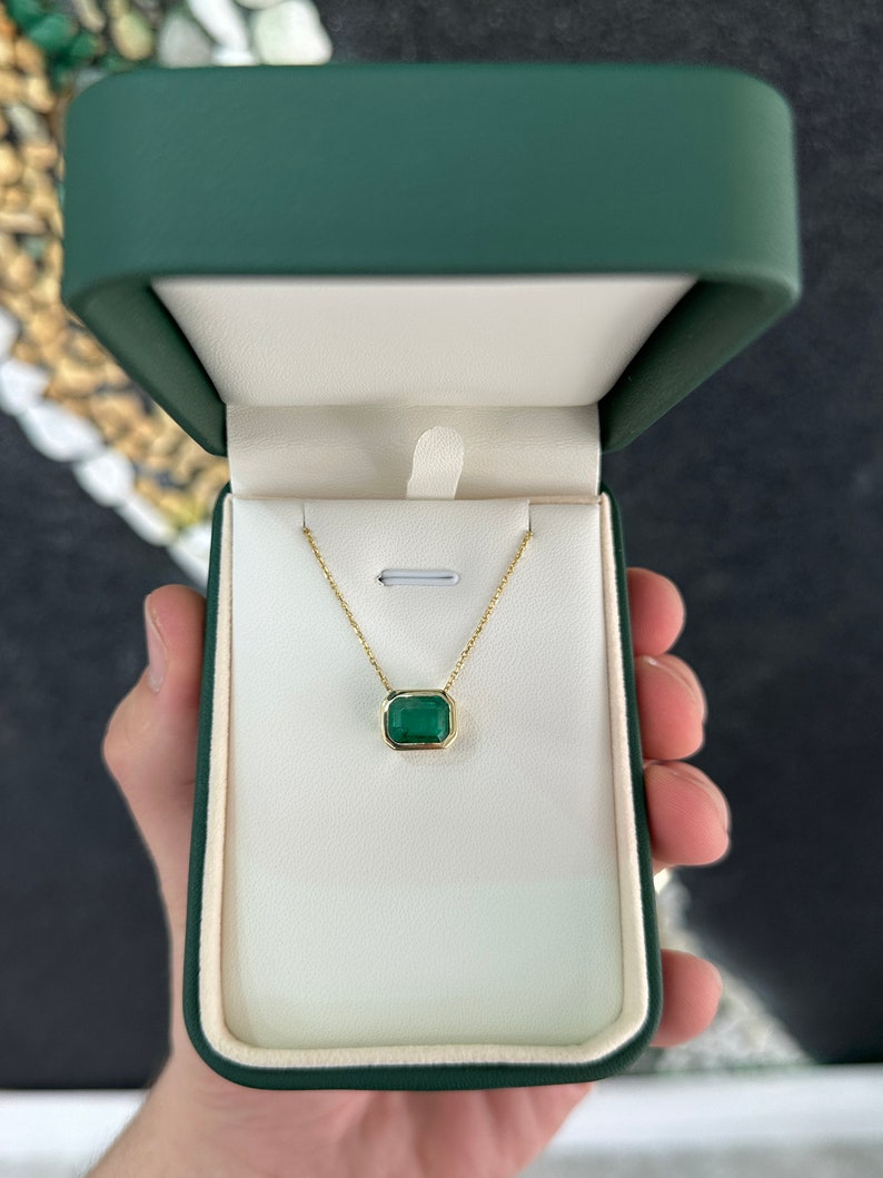 2.50ct 14K Gold Dark Green Emerald Cut Bezel Set MultiFunctional Pendant Necklace - JR Colombian Emeralds