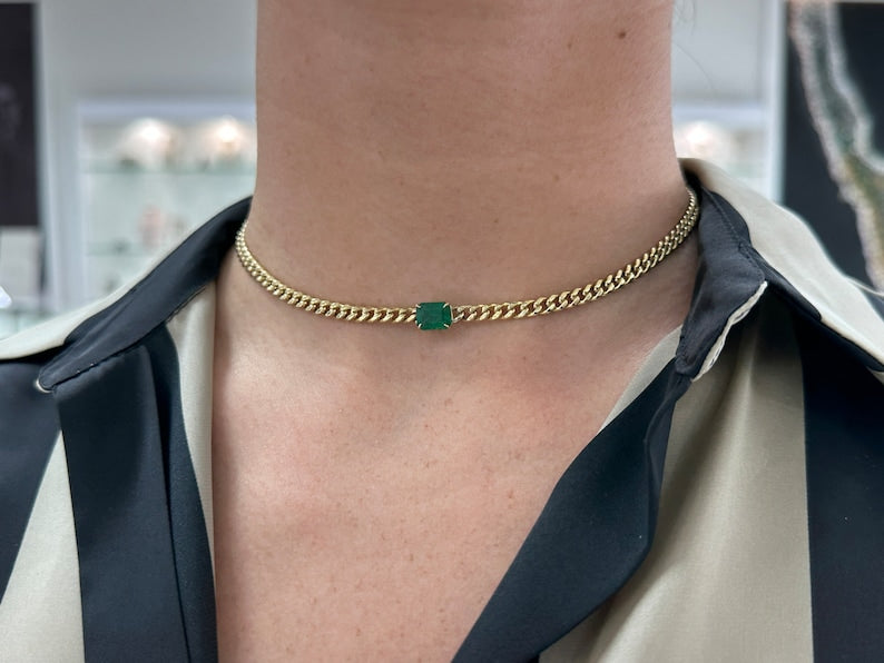 1.90ct 14K Gold Rich Dark Green Emerald Cuban Link Chain Necklace