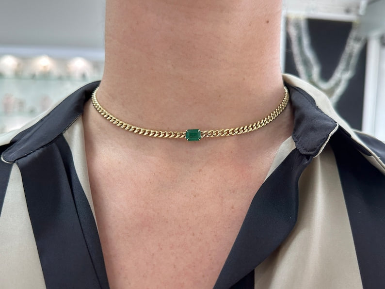 1.90ct 14K Gold Rich Dark Green Emerald Necklace