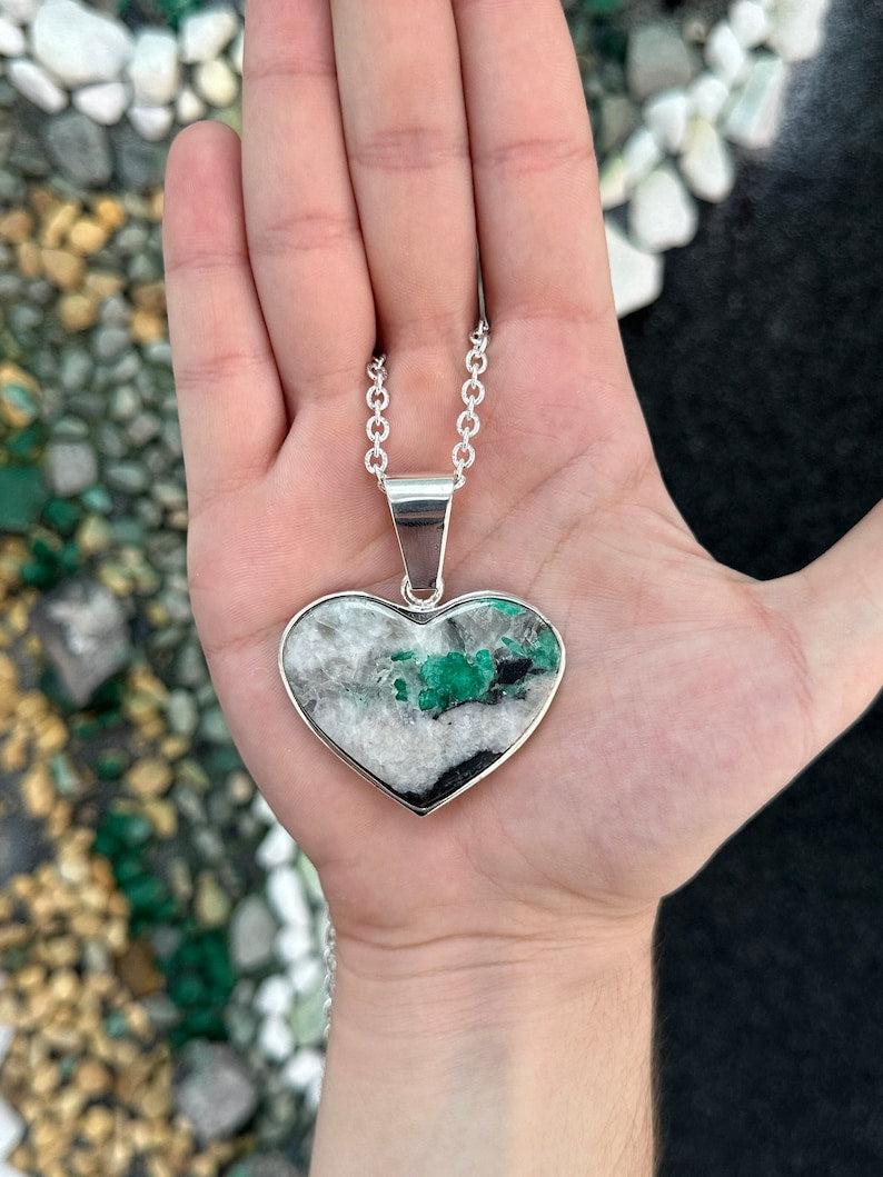 925 Rough Gem Massive Silver Emerald in Matrix Heart Pendant
