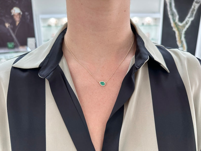 1.10tcw 14K Gold Medium Dark Green Pear Emerald Necklace