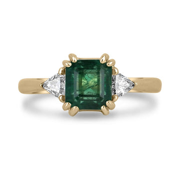 2.38tcw 14K Gold Dark Green Trillion Asscher Cut Double Prong Earth Mined Emerald & Diamond 3 Stone Ring