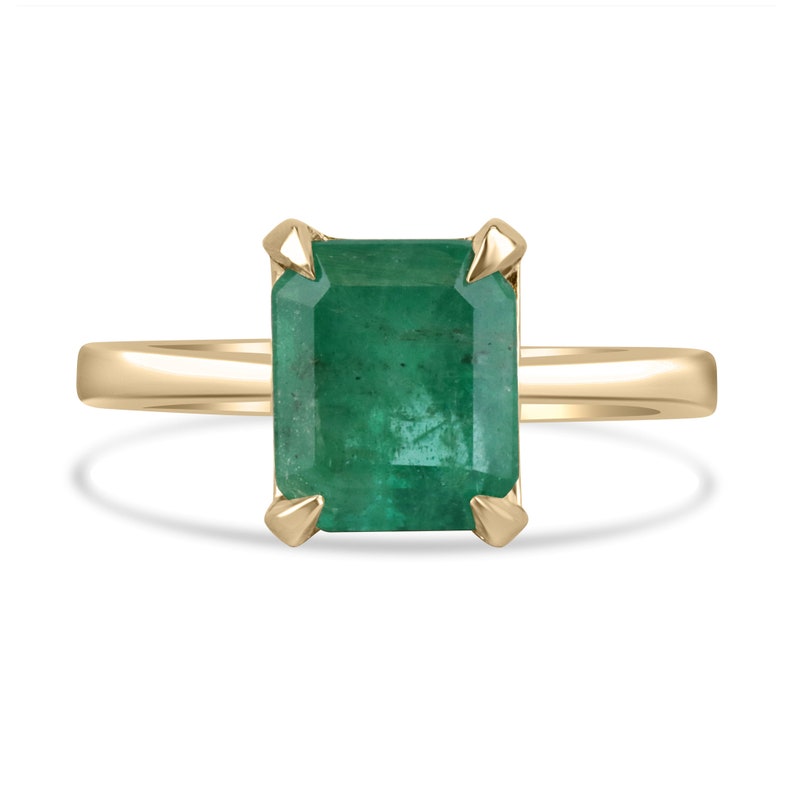 2.66ct 14K Gold Rich Green Natural Emerald Cut Solitaire Claw 4 Prong Engagement Ring