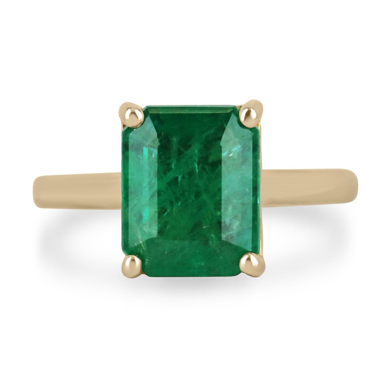 3.95ct 18K Gold Rich Green Four Prong Emerald Solitaire Right Hand Engagement Ring