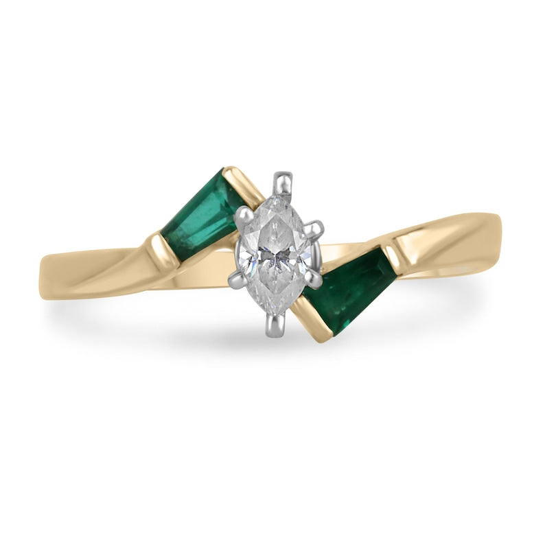 14K Gold Marquise Diamond & Emerald Ring