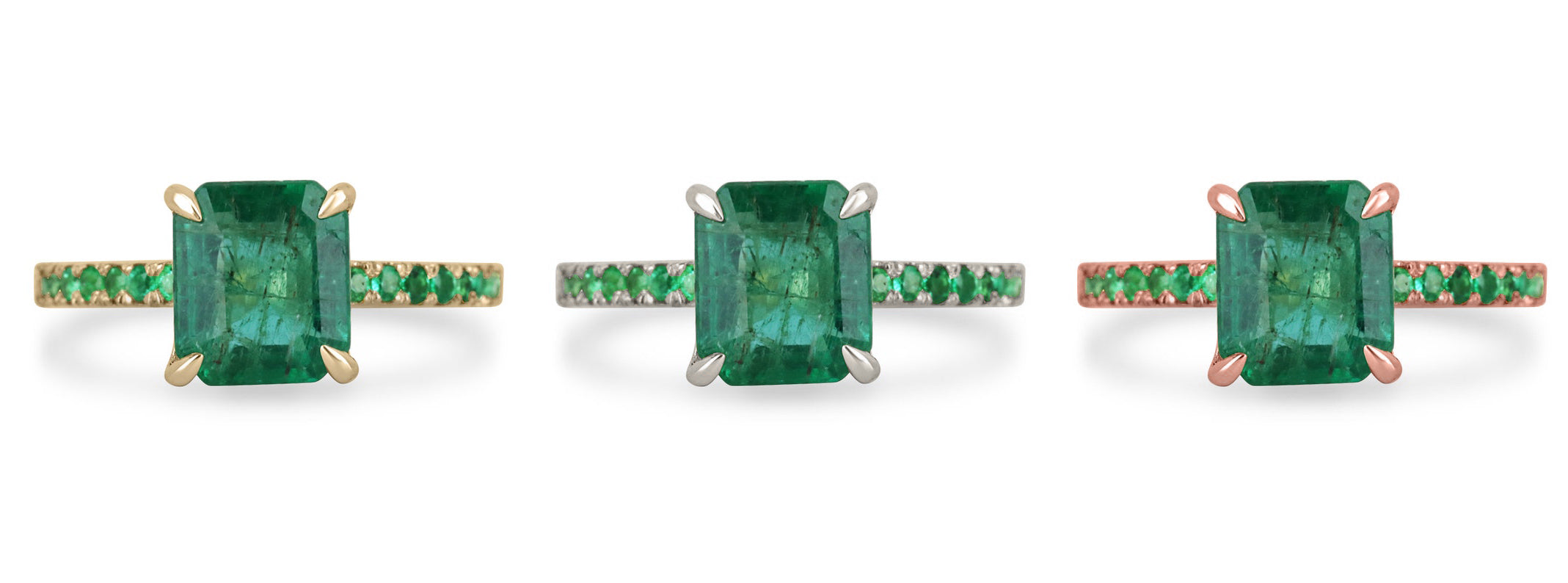 2.55tcw 14K Gold Emerald Cut & Round Solitaire Accents Right Hand Engagement Ring - JR Colombian Emeralds