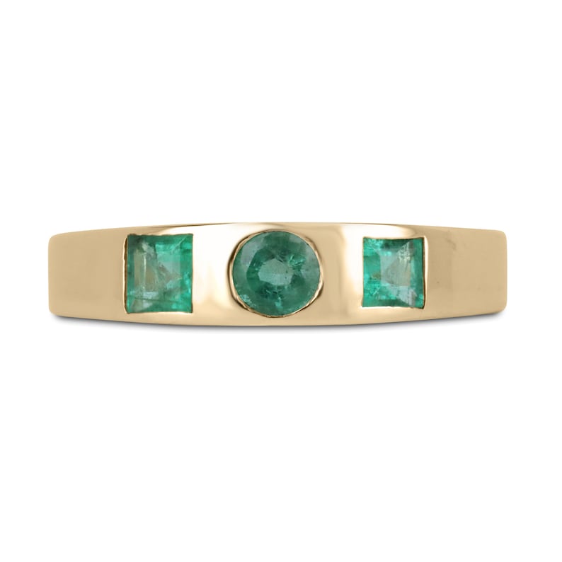 Stackable Elegance: 0.60tcw 14K Gold Round & Asscher Cut May Emerald 3 Stone Ring