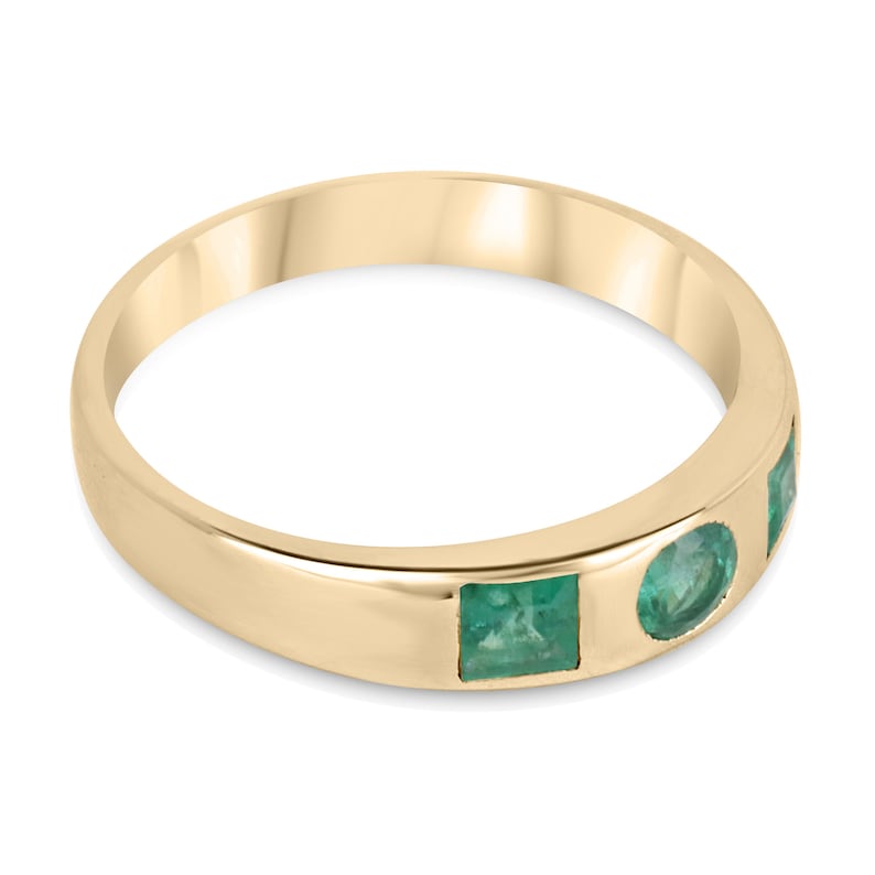 Radiant Beauty: 0.60tcw Round & Asscher Cut May Emerald 3 Stone Stackable Ring in 14K Gold