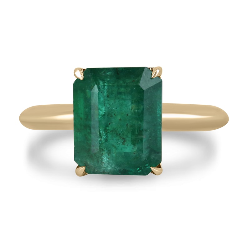 4.08ct 14K Gold Rich Green Emerald Cut Solitaire 4 Prong Engagement Ring