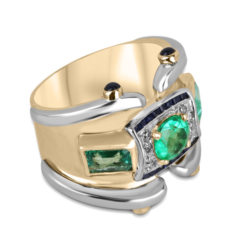 2.87tcw 14K Multi-Gemstone Vivid Electric Green Emerald Diamond Unisex Ring