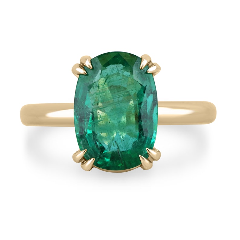 3.89ct 14K Gold Elongated Cushion Cut Emerald Solitaire Right Hand Ring