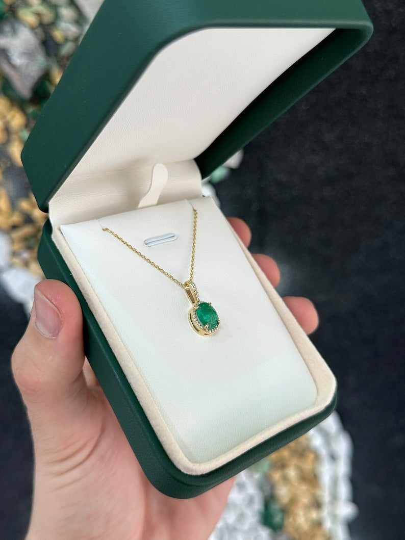 1.93tcw 14K Gold Rich Dark Green Oval Cut Emerald & Diamond Halo Pendant Necklace - JR Colombian Emeralds