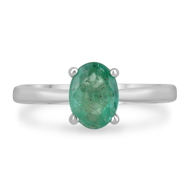 1.0 Carat Sterling Silver Solitaire Ring with a Natural Medium-Dark Green Oval-Cut Emerald