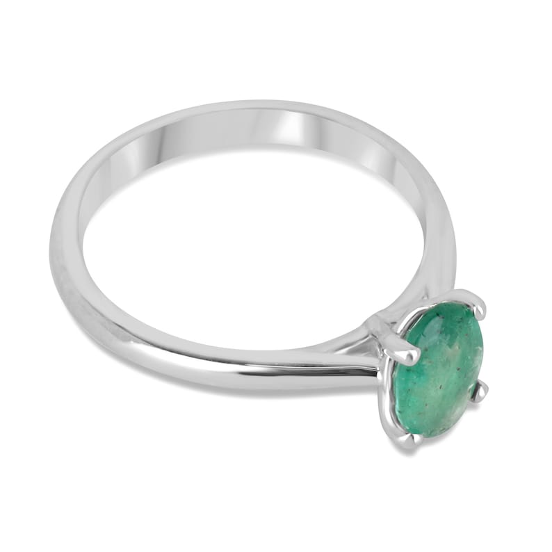 Elegant Sterling Silver 4-Prong Ring featuring a 1.0ct Oval Emerald in Medium-Dark Green