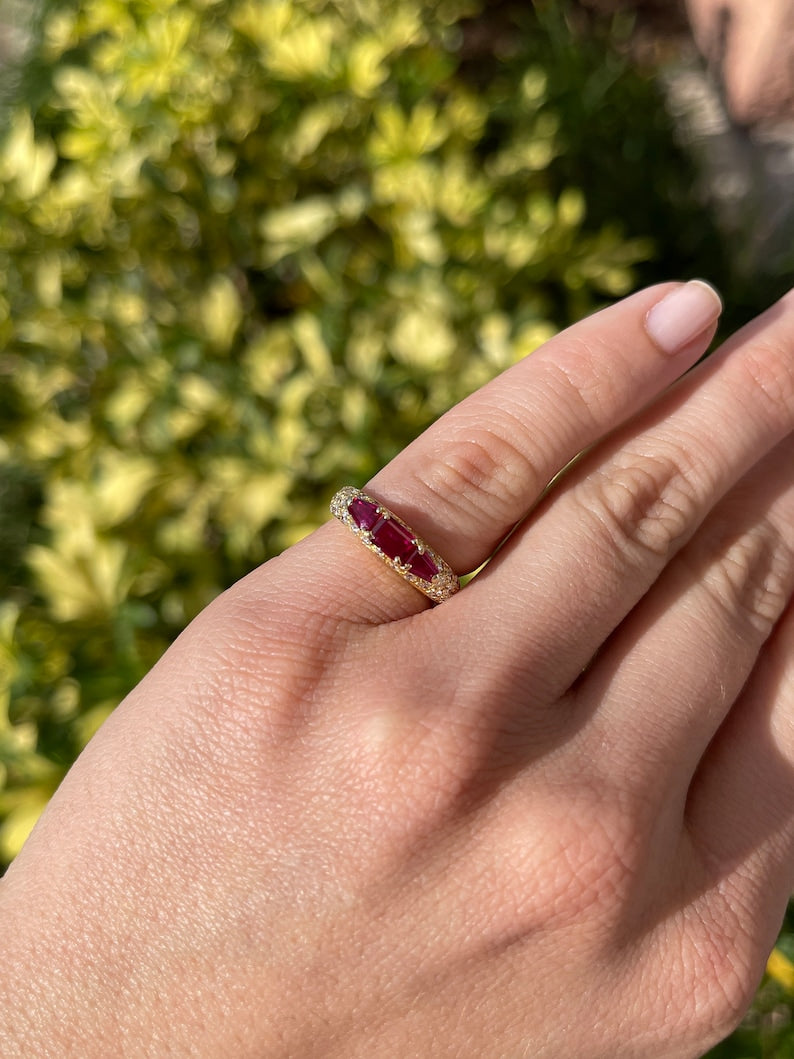 18K Gold Blood Red Pinky Ring with Fine Ruby and Diamond Accents - 80 Total Carats