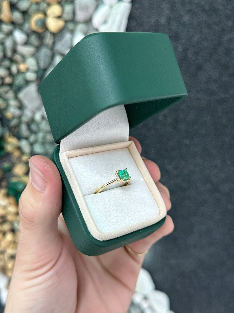 Chic and Sophisticated: Natural Asscher Emerald & Hidden Diamond Halo 0.96tcw Solitaire Ring in 14K Gold