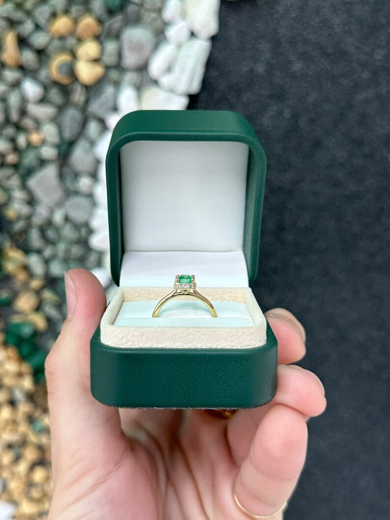 Exquisite 0.96tcw Natural Asscher Emerald & Hidden Diamond Halo Solitaire Ring - Elegant 14K Setting
