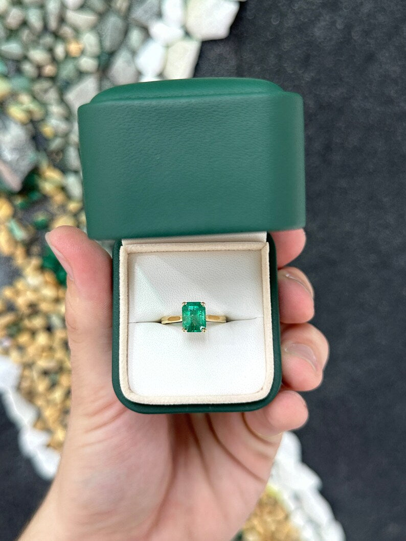 2.25ct 14K Gold Vivid Medium Dark Green Emerald Cut Ring