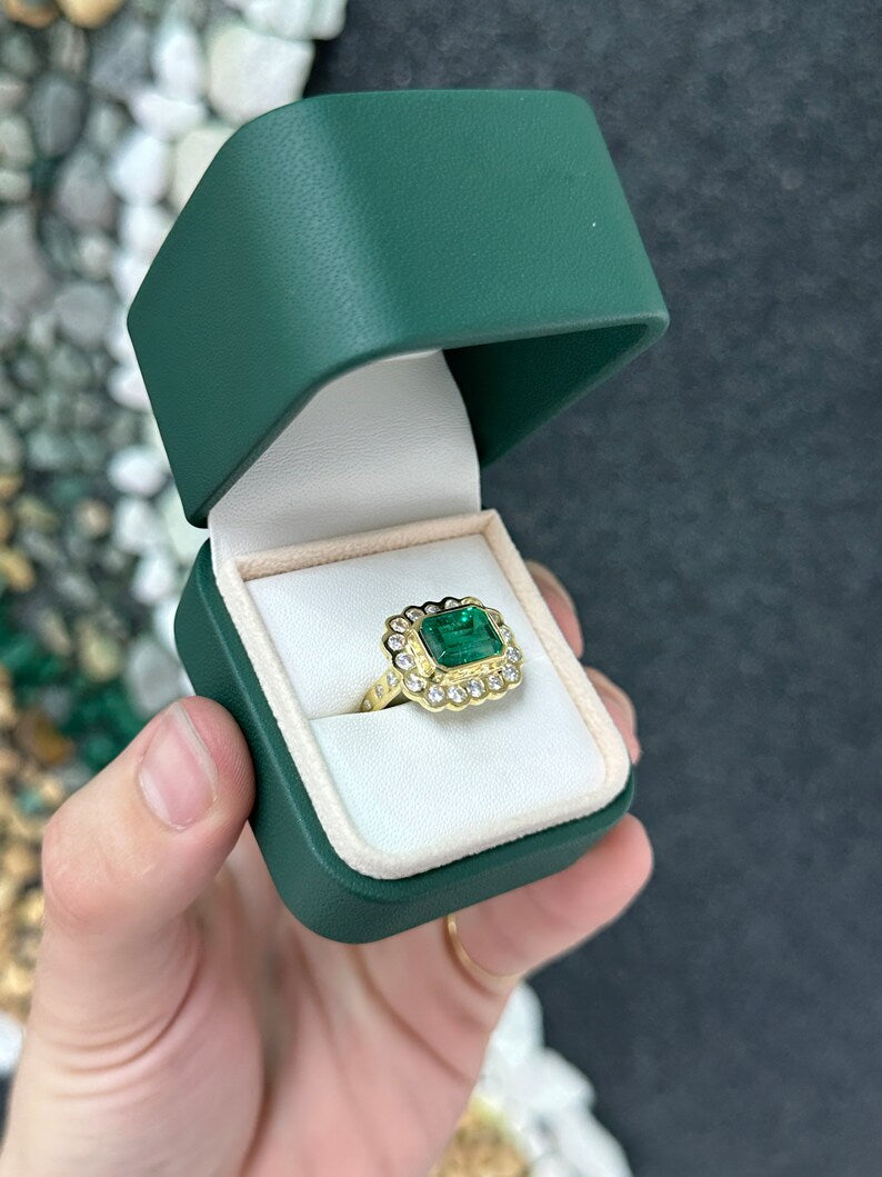 East-West Emerald Diamond Halo Ring