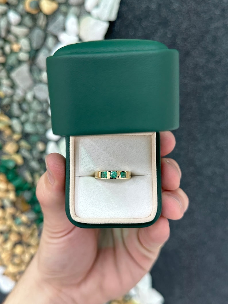 Celebrate Sophistication: Stackable 0.60tcw Round & Asscher Cut May Emerald Ring in 14K Gold