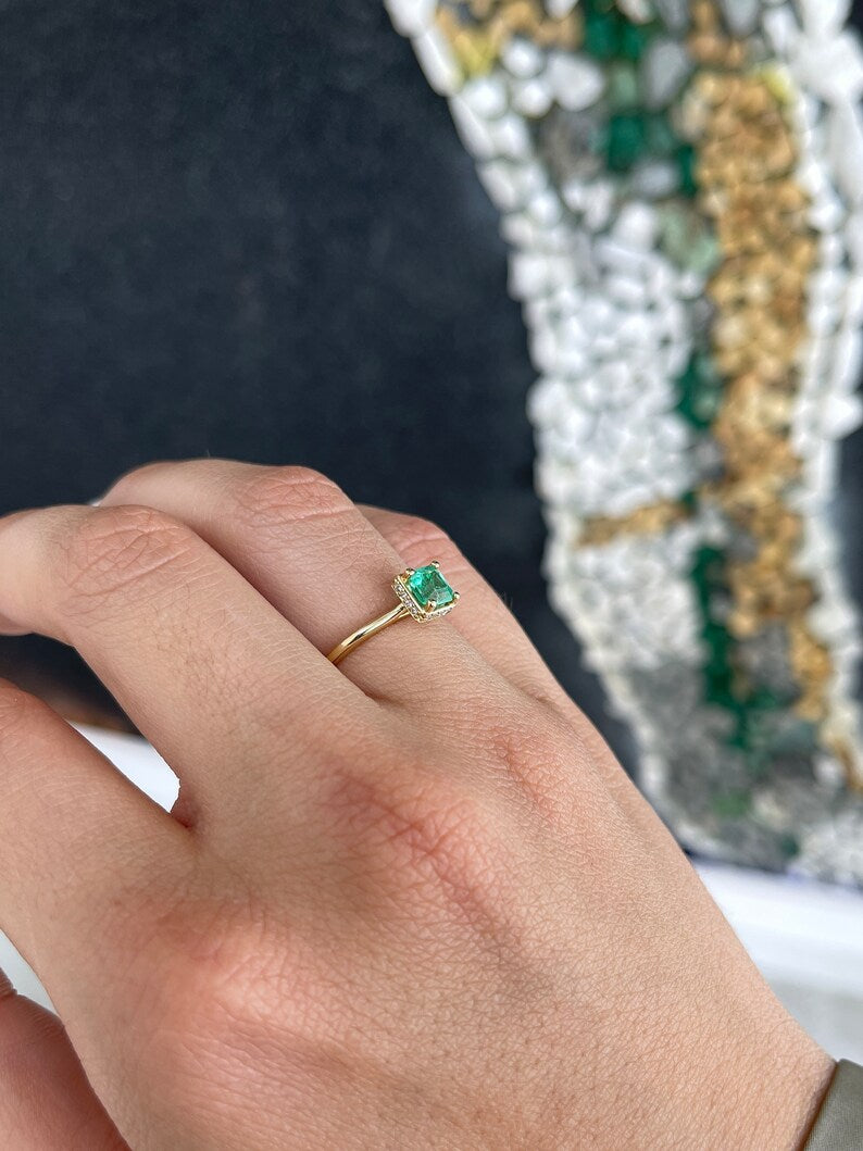 Classic Charm: Natural Asscher Emerald & Hidden Diamond Halo 0.96tcw 14K Gold Solitaire Ring