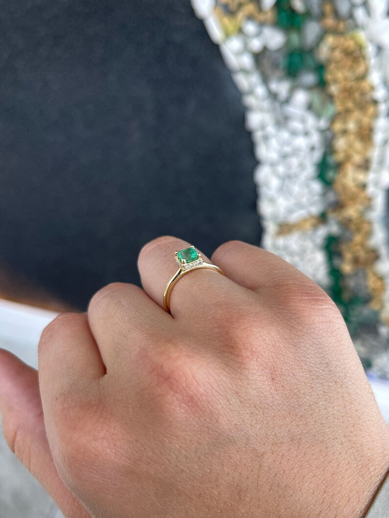 Eternal Radiance: 14K Gold Ring with 0.96tcw Natural Asscher Emerald & Hidden Diamond Halo - A Timeless Beauty