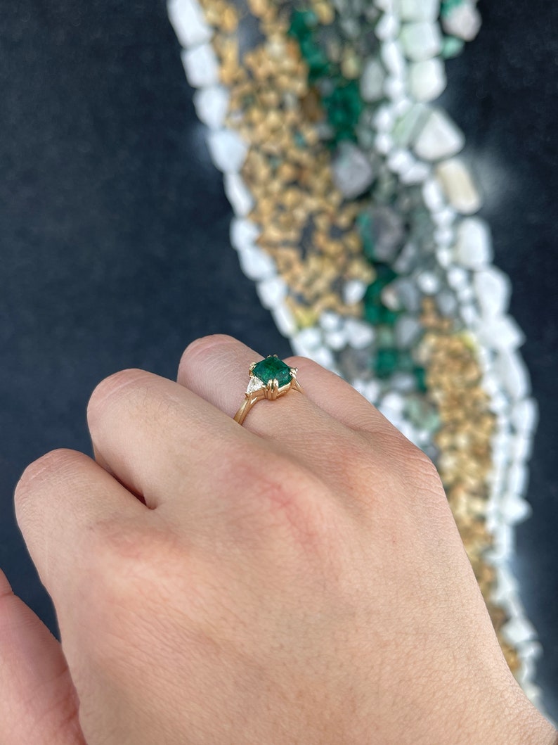 2.38tcw 14K Gold Dark Green Trillion Asscher Cut Double Prong Earth Mined Emerald & Diamond 3 Stone Ring - JR Colombian Emeralds