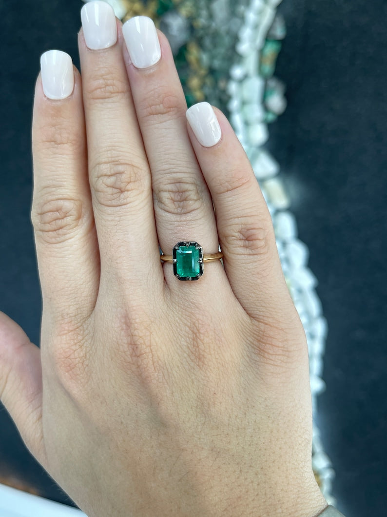 2.32ct 14K Gold Vintage Emerald Georgian Styled Solitaire Right Hand Ring - JR Colombian Emeralds