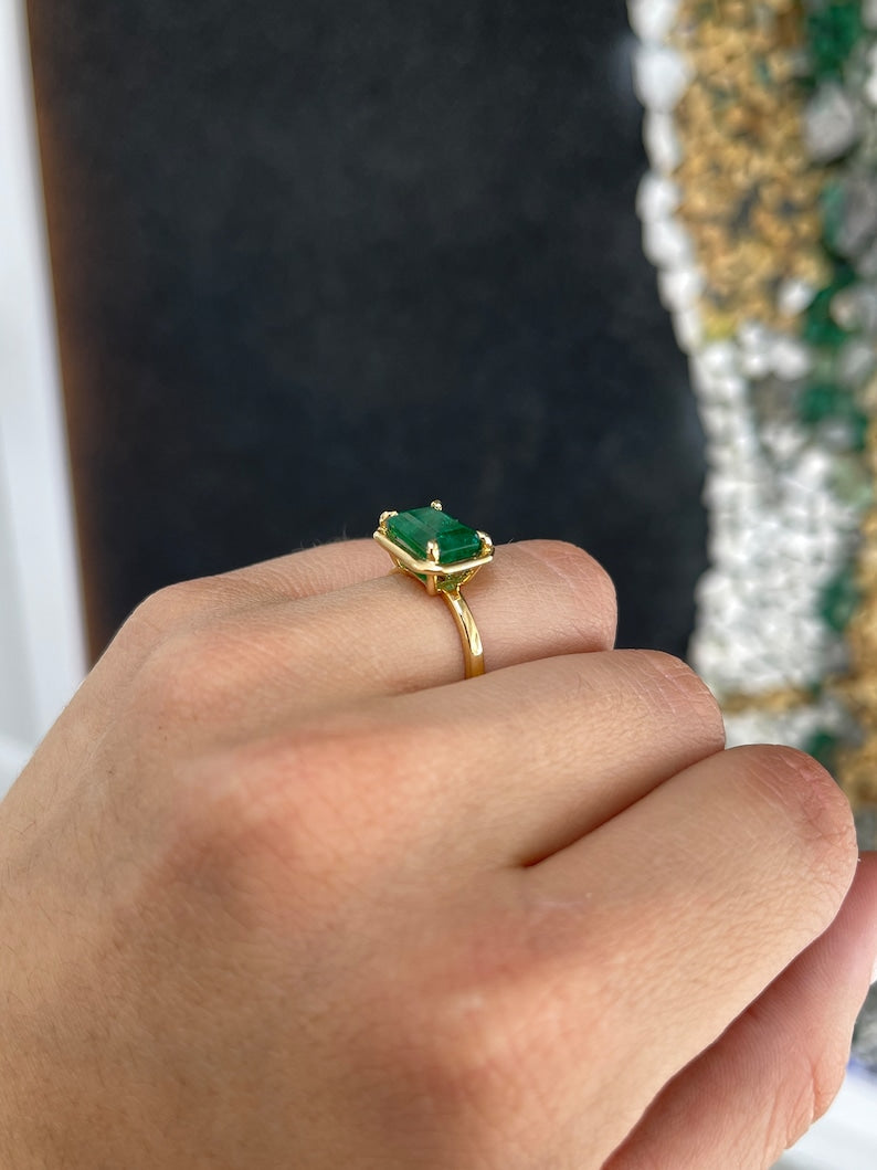 3.92ct 18K Gold Forest Green East to West Four Prong Emerald Solitaire Ring - JR Colombian Emeralds