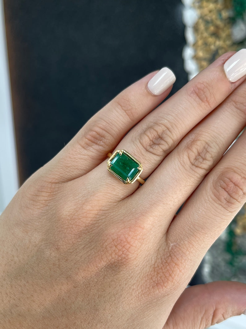 3.92ct 18K Gold Forest Green East to West Four Prong Emerald Solitaire Ring - JR Colombian Emeralds