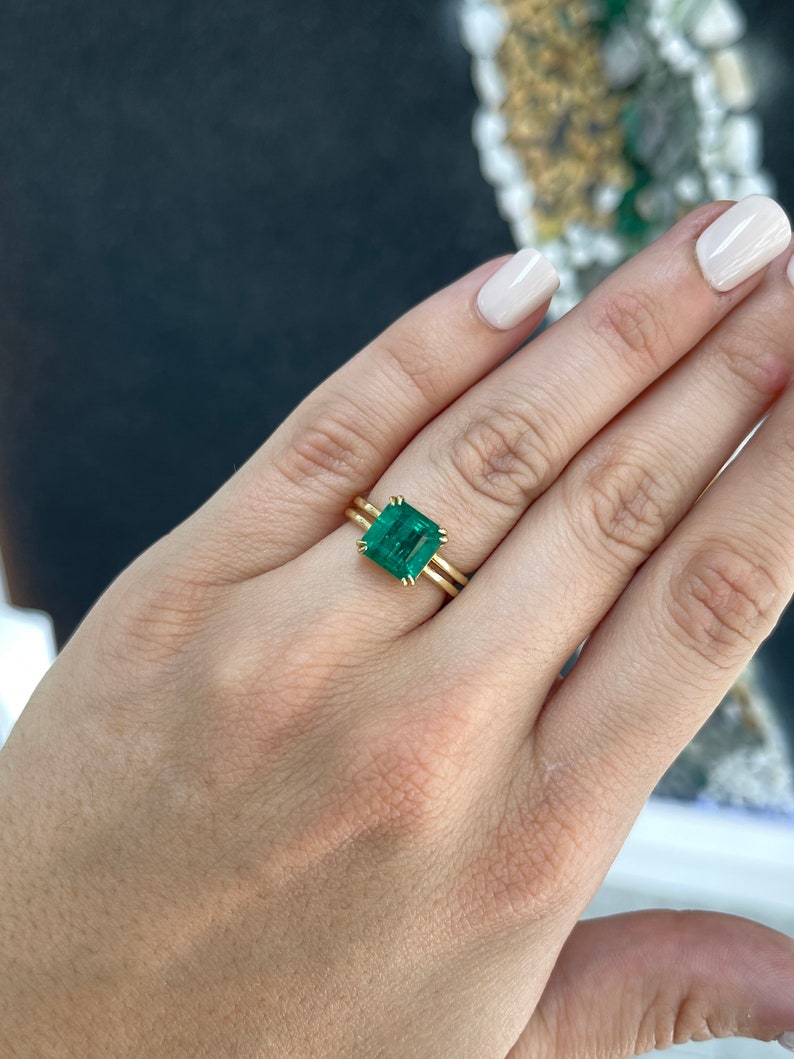 4.20ct 18K Gold AAA Quality Asscher Cut Double Claw Prong Emerald Solitaire Ring - JR Colombian Emeralds