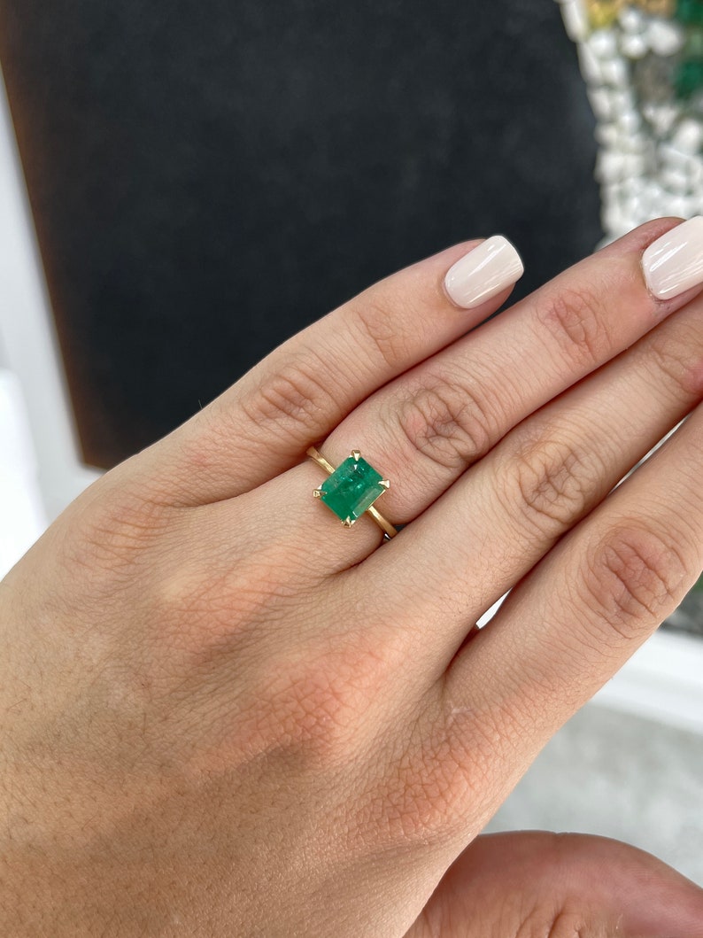 2.66ct 14K Gold Rich Green Natural Emerald Cut Solitaire Claw 4 Prong Engagement Ring - JR Colombian Emeralds